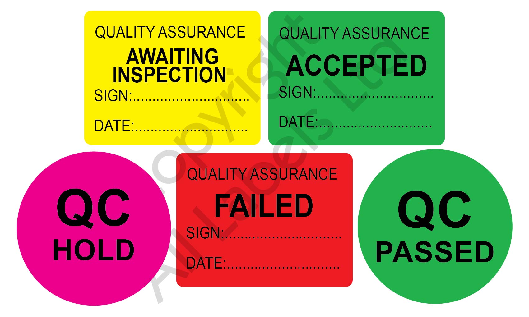TESTED  ON/BY fluorescent green Quality Assurance Stickers Labels 500/rl 